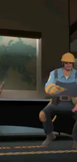 Animated engineer in office setting wallpaper.