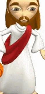 Cartoon character holding a basketball in white robe with red sash.