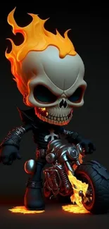 Flaming skull character on a motorcycle with dark background.