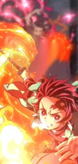 Anime warrior with fiery flames in vibrant action pose.