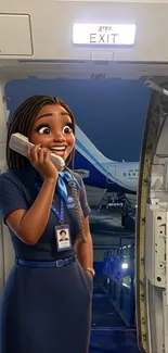 Animated flight attendant at airplane exit door.