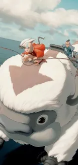 Animated characters riding a flying creature over the ocean.