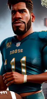 Animated football player in teal jersey holding ball.