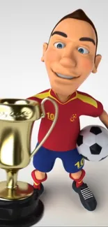 Animated character with trophy and football on a light background.