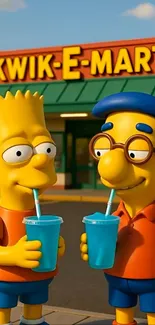 Two animated characters at Kwik-E-Mart