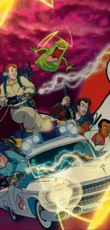 Animated Ghostbusters team in action with Ecto-1 car and supernatural elements.