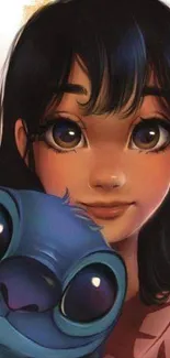 Animated girl with big eyes and blue creature, vibrant mobile wallpaper.