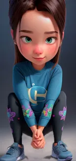 Animated girl in sporty outfit with colorful floral leggings.