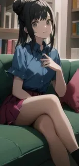 Anime girl sitting on a green sofa with a stylish shirt and skirt.