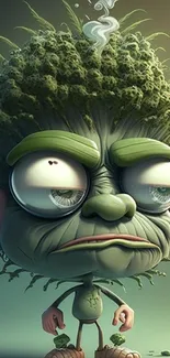 Animated green character with a textured leafy head, quirky eyes, and small hands.