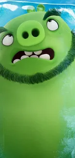 Cartoon green pig character in ice.