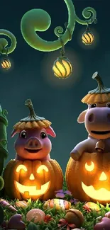 Halloween wallpaper with pumpkins and cute animals glowing.