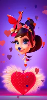 Whimsical fairy above a luminous heart on a purple background.