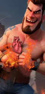 Animated hero with flaming heart in an intense, fiery scene.