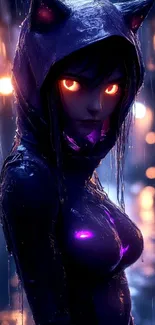 Animated hooded character in neon rain, perfect for mobile wallpaper.