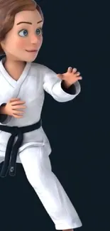 Animated karate fighter in a white gi on a dark background.