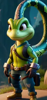 Animated lizard adventurer in lush scenery wallpaper.