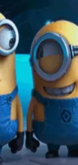 Two animated minions in blue overalls on a colorful mobile wallpaper.