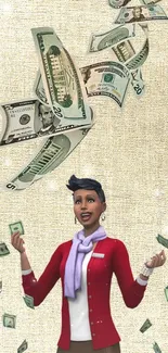 Animated woman celebrating with money falling on a beige background.