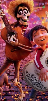 Animated characters playing guitars in a colorful festive street scene.