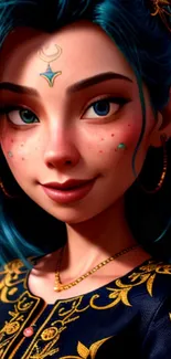 Mystical animated girl with blue hair and golden designs.