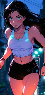 Animated girl running at night in a neon-lit urban scene.