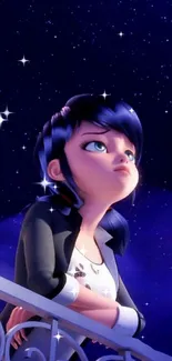 Animated character gazing at a starry, dark blue night sky.