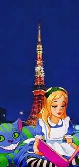 Vibrant wallpaper with an animated character and a lit tower against a night sky.