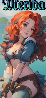 Animated character with red hair by the ocean.