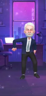 Cartoon character dancing in a vibrant office setting with colorful decor.