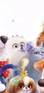 Animated pets with colorful bubbles on a fun wallpaper.