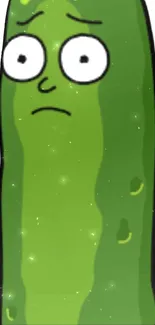 Humorous animated pickle character on a green mobile wallpaper.