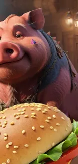 Cute cartoon pig with a burger in a cozy setting.