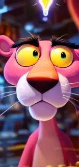 Cartoon pink panther with surprised expression and light bulb.