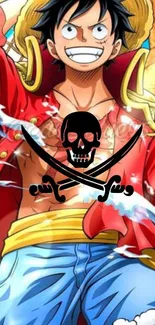 Animated pirate character with straw hat and red jacket, smiling energetically.