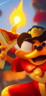 Whimsical animated character with pizza in vibrant colors.