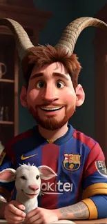 Animated soccer player with goat horns in a cozy room.