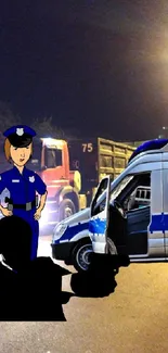 Cartoon police officer and van at night scene.