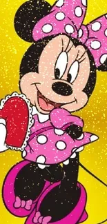 Animated character with polka dots holding a valentine heart on a yellow background.