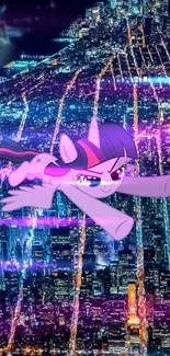 Colorful animated pony flying over a neon-lit cityscape.