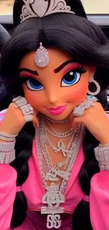 Animated princess in pink attire with elegant jewelry in a car.