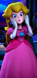 Animated princess in pink dress with shocked expression, vibrant background.