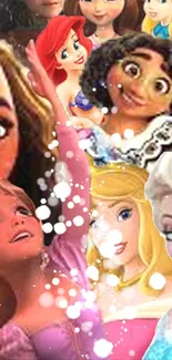 Colorful collage of animated princesses as mobile wallpaper.