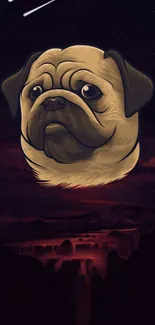 Animated pug head in cosmic landscape wallpaper.