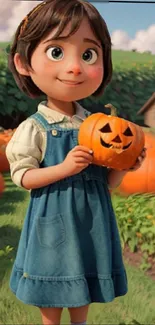 Cute animated girl holding a carved pumpkin in a field.