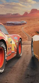 Dynamic animated racing cars on desert road.