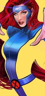 Animated red-haired superhero with a yellow background wallpaper.