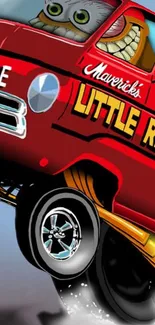 Animated red truck performing a wheelie on a vibrant wallpaper.