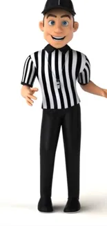 Cartoon referee with black and white stripes in animated style.