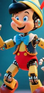 Colorful animated robot puppet with a playful expression.